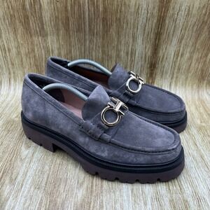 Salvatore Ferragamo Gancini Lug Loafers Men's Size 6 EE Grey Suede Italian Made